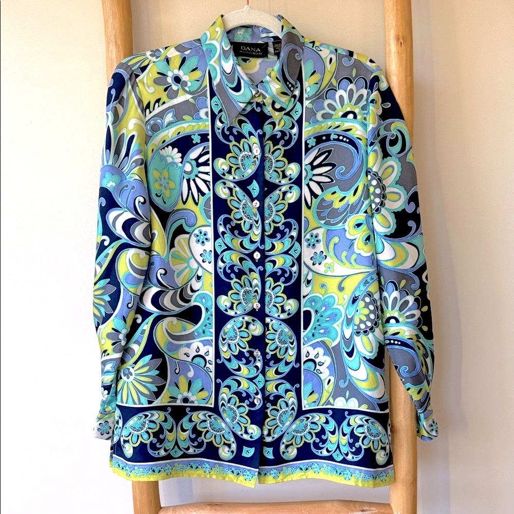 Dana Buchman Black Label 100% Silk Blue Green Paisley Button Blouse Tunic Size 6